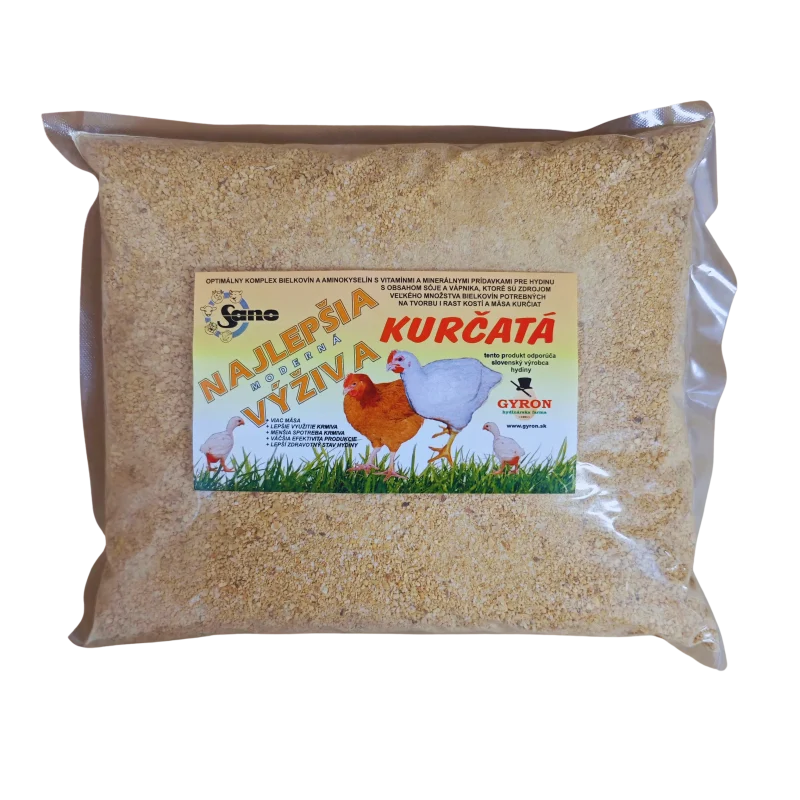 Doplnková výživa pre mäsové kurčatá – vysoký obsah bielkovín a vitamínov na rýchly rast a kvalitné osvalenie.