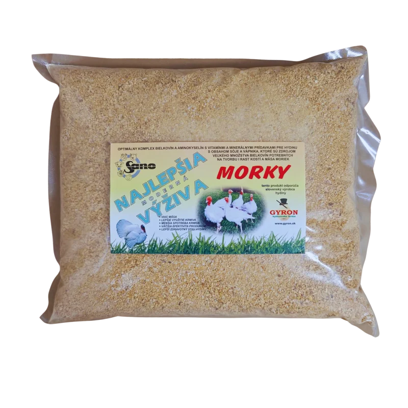 Doplnková výživa pre morky s vysokým obsahom bielkovín, aminokyselín a vitamínov. Podporuje rast, zdravie a operenie.
