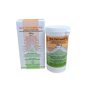 Multivitamín PG 100 g – doplnok výživy pre hydinu, králiky a hospodárske zvieratá. Podpora imunity, rastu a kondície.
