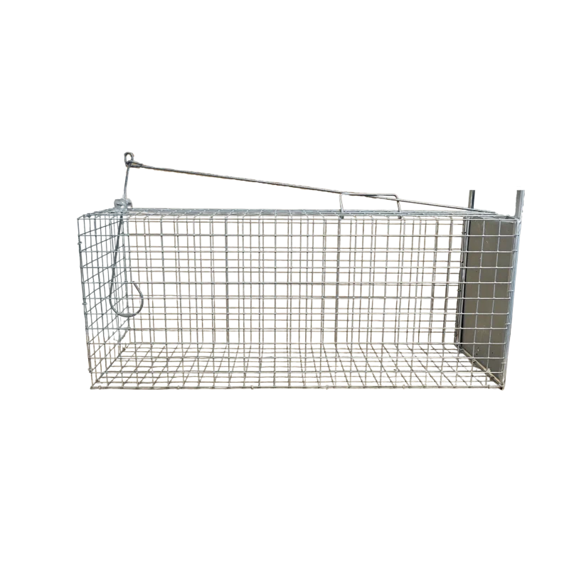 Jednostranná pasca Typ 3 s hákom na návnadu. Rozmery 69 × 23 × 28 cm, ideálna na odchyt kún, tchorov a mačiek.